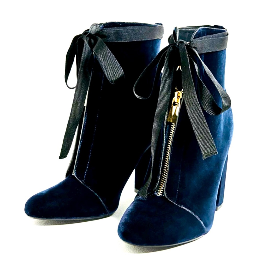 Zara High Heel Velvet Ankle Boots Blue Bow Ribbon Zip